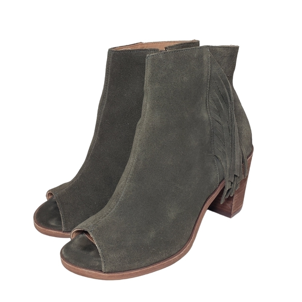 Rowen Olive Green Suede Fringe Chunky Heel Bootie Sz 6